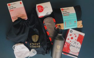 Hey Girls period products with Street League t-shirt and bottle