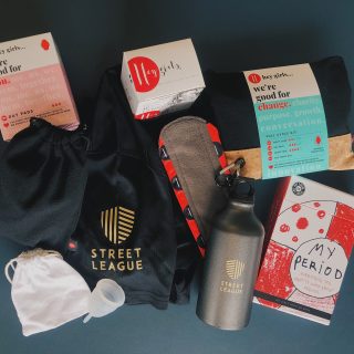 Hey Girls period products with Street League t-shirt and bottle